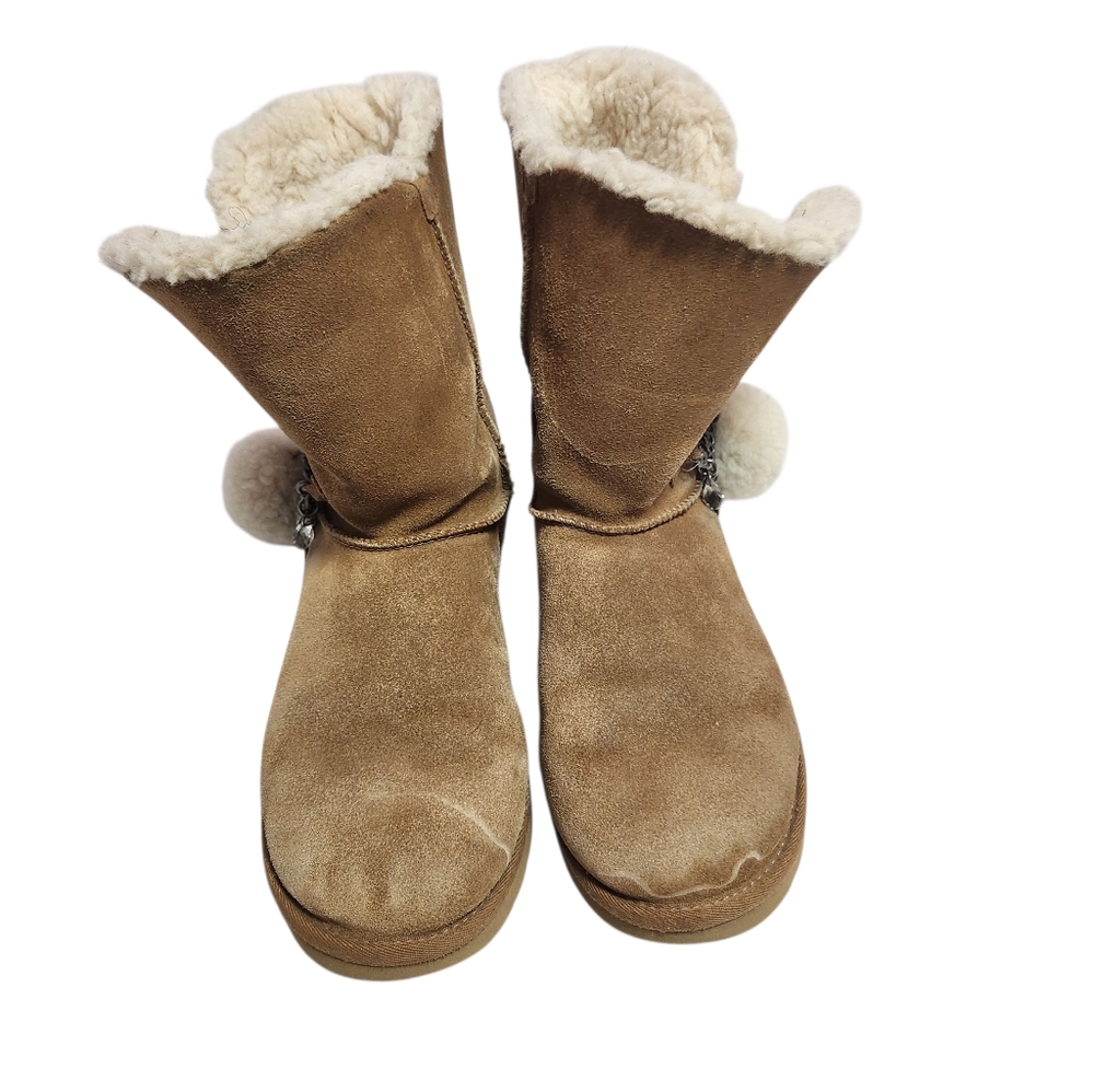 UGG Tan Shearling Boots with Pom Poms